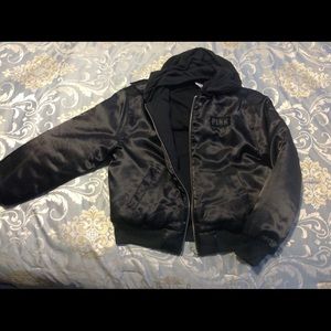 Victoria Secrets Pink, black satin bomber jacket